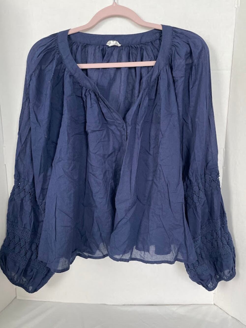 Aerie Women's Boho Long Sleeve Blouse with Crochet Detail - Navy Blue (Size XXL)